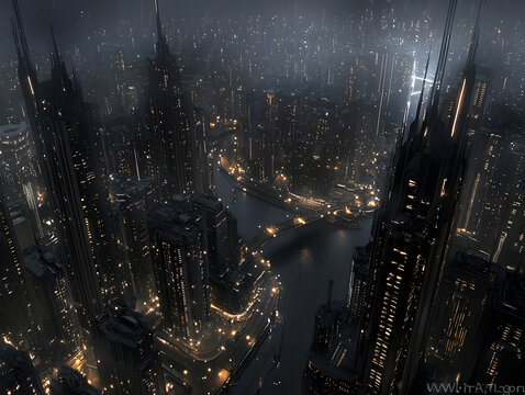 Fototapeta Futuristic City Nightscape with Snowfall
