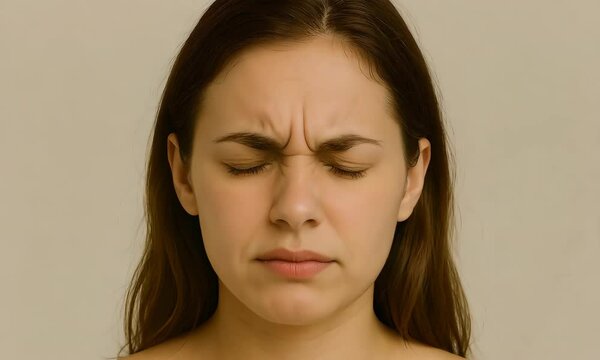 A young White female is displaying signs of blepharospasm with eyes tightly closed, indicating possible focal dystonia.