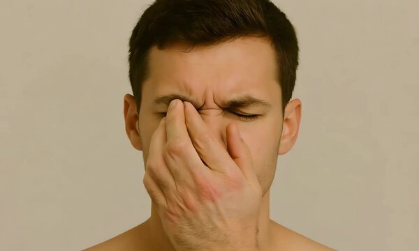 A young White male with blepharospasm is pressing his fingers around his eye and nose area, showing signs of focal dystonia.