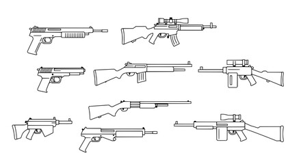 Armed Arsenal: A detailed depiction of various firearms, including pistols, rifles, and a shotgun, carefully illustrated in a stark monochrome palette.