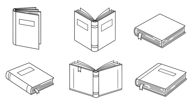 Books: A set of stylish monochrome illustrations depicting various perspectives of books, open and closed. Focuses on the simplicity of a line-drawing that subtly suggests knowledge and storytelling.