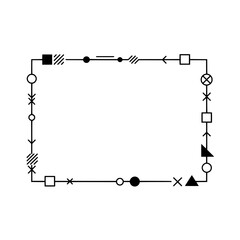Geometric Border Illustration: An abstract geometric border composed of various shapes, lines, and symbols forms a modern, visually appealing frame, suitable for creative projects and graphic design.