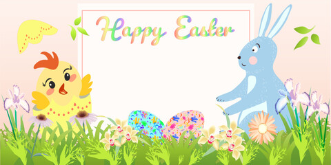 
Festive Easter Illustration with Bunny, Chick, and Colorful Eggs. The festive greeting card design includes a blank space for text, making it perfect for invitations, greetings, or holiday promotions