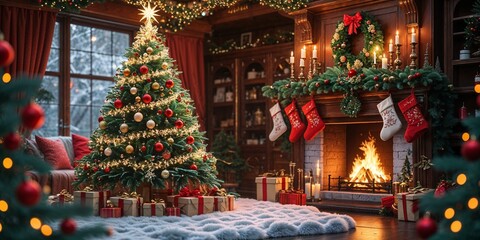 Fototapeta premium Beautiful Christmas interior featuring a cozy fireplace and a beautifully decorated tree in a festive setting