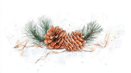 A rustic and elegant still life composition featuring pine cones and evergreen branches arranged in a natural minimalist style against a white background  category Nature