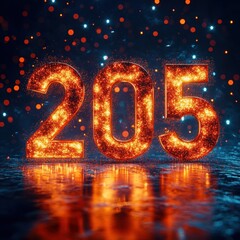 Glowing 2025 New Year Celebration Background with Vibrant Lights and Fireworks in Dark Blue and Orange