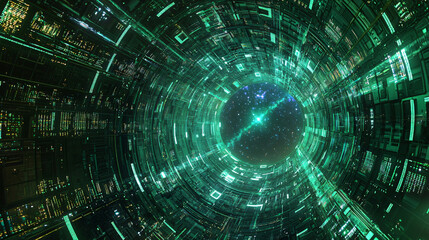 Fototapeta premium A captivating futuristic city bathed in green light creating an enigmatic atmosphere of sci-fi fantasy and urban mystery.