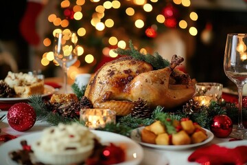 Cozy Christmas Dinner Table Setup with Roast Turkey and Festive Decorations