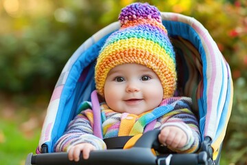 Colorful Baby in Stroller in Lush Garden with Rainbow Hat