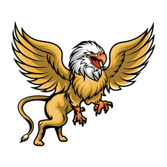 Obraz premium Mythical Griffin Mascot Cartoon Illustration – Fierce Winged Creature with Lion Body and Eagle Head – Fantasy Vector Design for Esports Logo, Mythology Themes, Gaming Graphics, and Heraldic Art