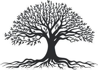 Silhouette of a leafless tree with branches and roots for nature-themed designs.
