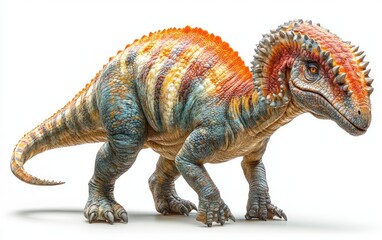 Fototapeta premium Photorealistic Parasaurolophus Dinosaur with Brown and Blue Stripes on White Background