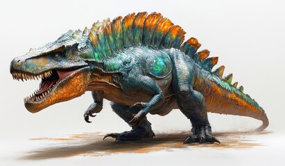 Fototapeta premium Hyperrealistic Spinosaurus 3D Rendering on White Background Full Body Anatomical Accuracy