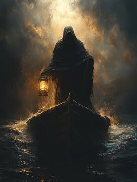 Charon the Ferryman of the Underworld Clad in Dark Robe Expects a Coin for the Passage to the Afterlife