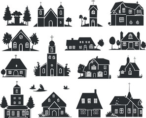 Silhouette vector of village churches and houses for architectural and design projects.