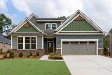 Newly constructed modern house featuring green accents and a spacious driveway located in a suburban neighborhood with manicured lawns and trees in the background