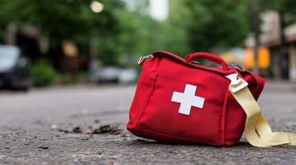 Naklejka premium A red first-aid kit with a white cross sits on a bustling city street with blurred buildings and vehicles in the background, emphasizing urban health safety.