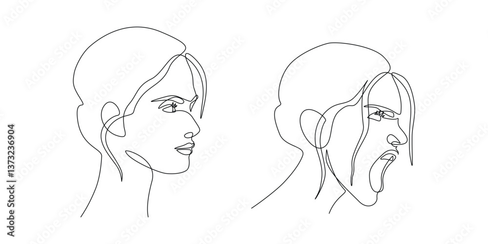 Poster Calm and angry screaming woman in continuous one line drawing. Stress and anger person behind apparent calmness in simple linear style. Mental health and illness concept. Contour vector illustration
