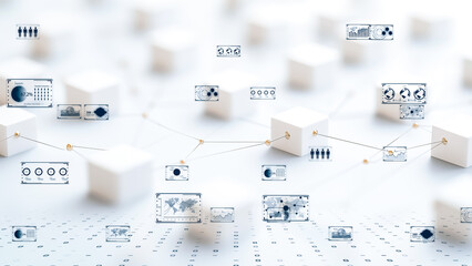 Futuristic blockchain system visualized as cubes and data charts
