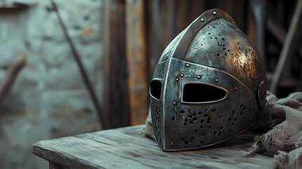 Ancient metal helmet on wooden table, medieval theme. Nordic Relic. Illustration