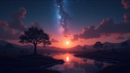 Naklejka premium A group of silhouetted figures stands beneath a breathtaking sunset, with a vast starry sky and the Milky Way stretching across the horizon. Generative, AI,