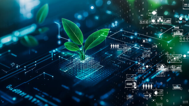 Futuristic green energy symbol with digital sprouts and data overlay UI, sci-fi tech environment