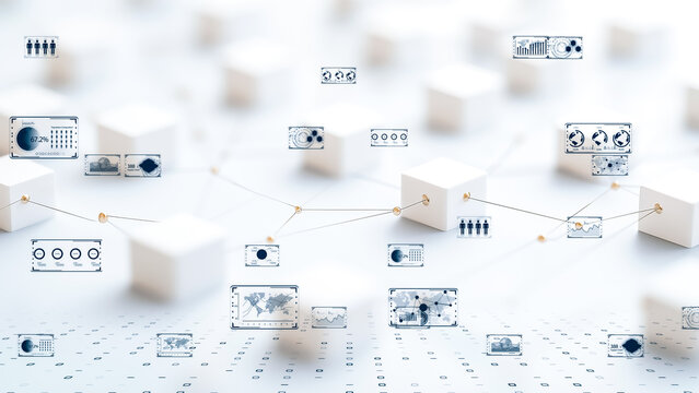 Futuristic blockchain system visualized as cubes and data charts