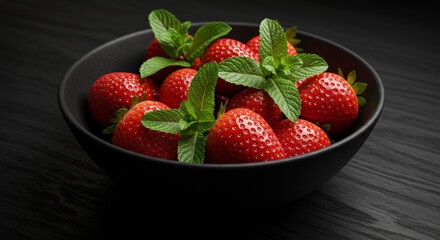 Fresh Strawberries with Mint in Black Bowl