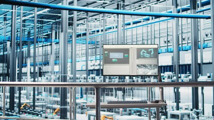 Monitor in industry 4.0 smart industrial plant equipped with advanced sensors, embedded software and robotics that collect and analyze data, allowing for better decision making