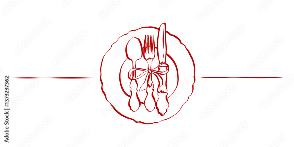 Poster coquette dishes with bow in hand drawn style. whimsical plate with fork and knife for designed moder