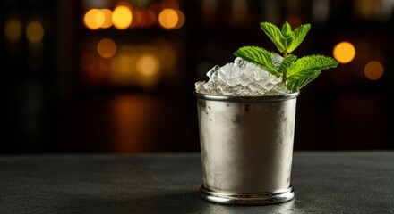 Refreshing mint julep in silver cup with crushed ice and mint leaves on dark background
