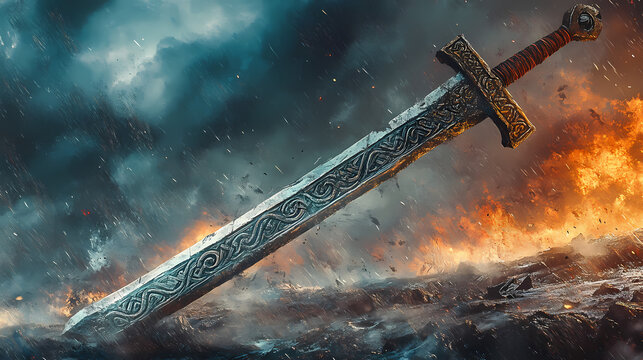 Viking-inspired two-handed sword with runes engraved on the blade, featuring a weathered hilt and a battle-worn appearance. Nordic Relic. Illustration
