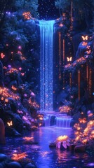 Enchanted fantasy landscape with a glowing waterfall, mystical butterflies, and illuminated trees. Captivating and dreamy, perfect for wallpapers or magical designs.