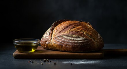 Rustic artisan sourdough bread with olive oil on wooden board