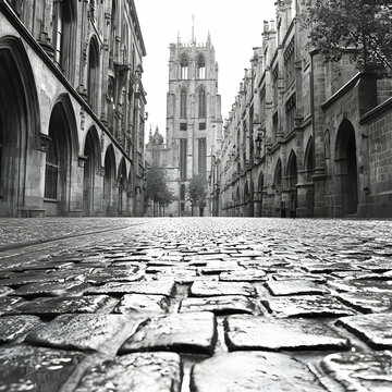 Fototapeta Cobblestone Street Leading to Gothic Tower in a European City