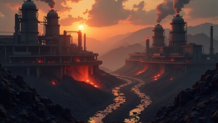 A futuristic industrial landscape with large factories emitting smoke at sunset, surrounded by mountains and molten lava-like streams, creating a dramatic, dystopian atmosphere. Generative, AI,