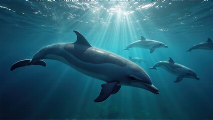 Fototapeta premium A group of dolphins swimming peacefully underwater, with sunlight filtering through the water, creating a serene and magical atmosphere. Generative, AI,