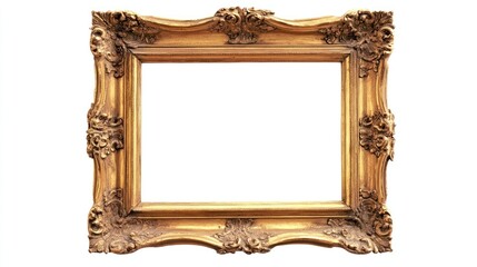 A golden decorative antique picture frame on white background