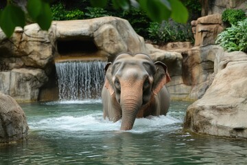 Male Elephant Bathing in Water, Enjoying the Coolness