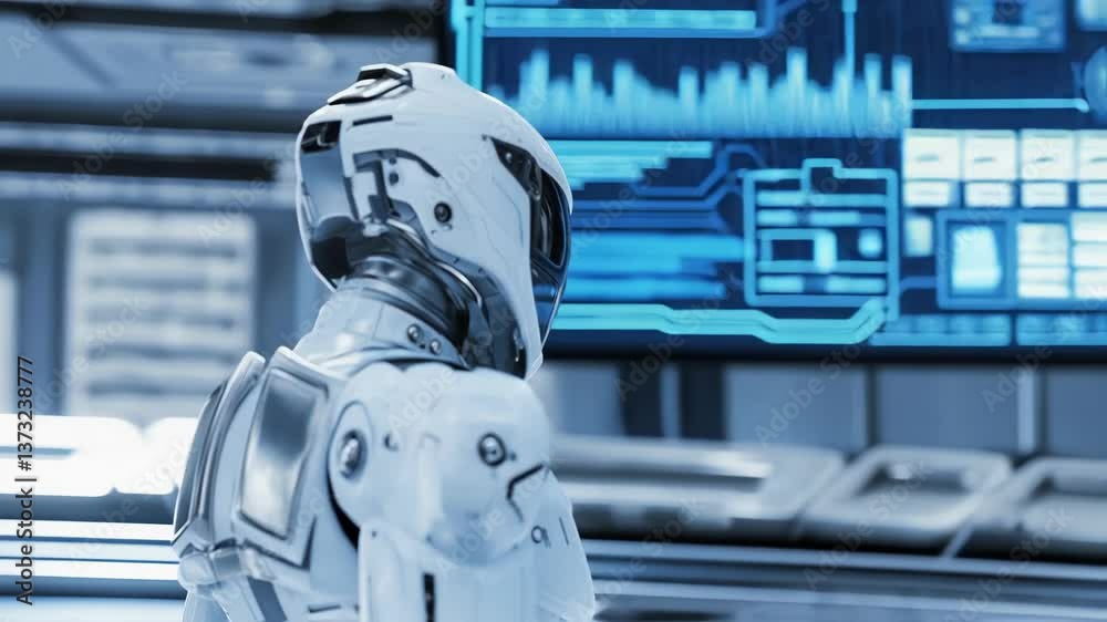 Poster advanced humanoid robot wearing spacesuit and helmet turns head, observing spaceship bridge control 