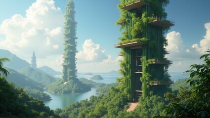 Obraz premium A futuristic, eco-friendly tower surrounded by lush green landscapes, with suspended plants and trees in the sky, reflecting a blend of nature and advanced architecture. Generative, AI,