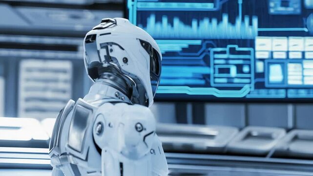 Advanced humanoid robot wearing spacesuit and helmet turns head, observing spaceship bridge control panel with holographic interface in futuristic spacecraft interior