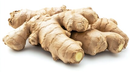 Several pieces of fresh ginger root on a white surface