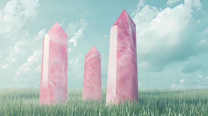 Rose quartz obelisks trio radiates serene energy in grassy backdrop. Sacred Obelisk. Illustration