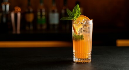 Refreshing orange cocktail with basil garnish on bar counter