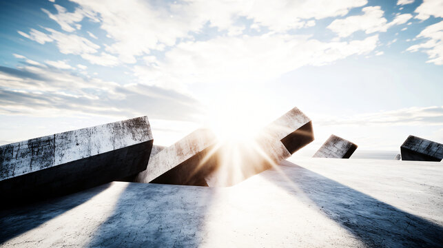 Skate park scene with sunlight breaking through clouds creating a unique atmosphere for urban sports enthusiasts and creative photography.
