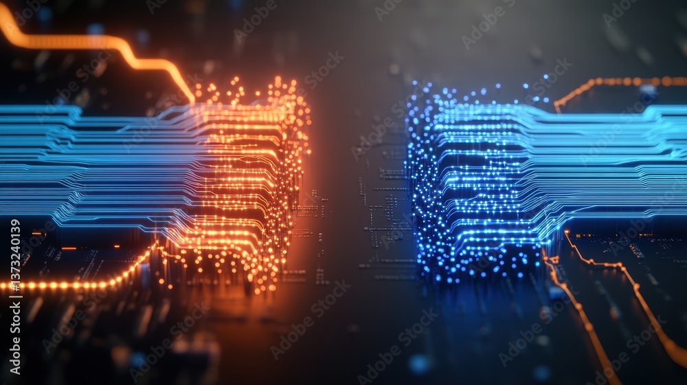 Poster abstract glowing data cubes connected by illuminated circuit lines on dark background representing d