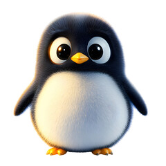 Fluffy 3D Cartoon Penguin with Glowing Flippers and Big Eyes Isolated on Transparent Background