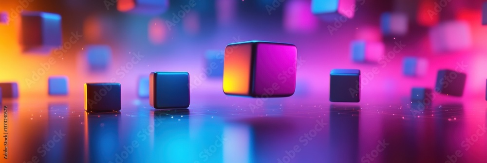 Poster Futuristic minimalistic background featuring colorful floating 3D cubes with soft reflections and vibrant neon gradients in a surreal atmosphere
