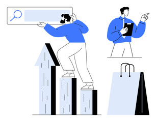 Man climbing upward chart holding search bar, business person with tablet pointing, shopping bag highlighting growth, search, success, planning, business strategies, consumer behavior. Ideal